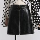 Faux-leather Zipper A-line Skirt