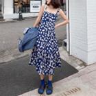 Floral Print Sleeveless Midi A-line Dress Blue - One Size