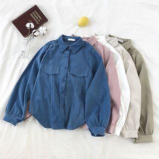 Plain Single-breasted Mock Pocket Long-sleeve Blouse