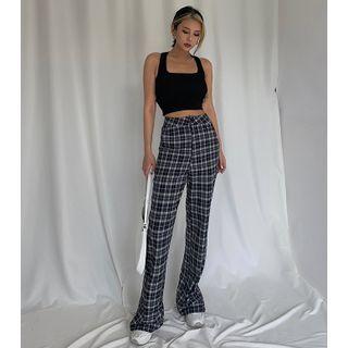 Plaid Slit-back Straight-cut Pants