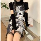 Spaghetti Strap Tie-dye Print Lace Trim Mini A-line Dress / Plain T-shirt