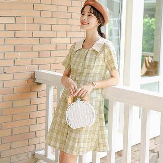 Plaid Square-neck Short-sleeve A-line Dress