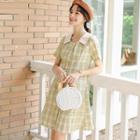 Plaid Square-neck Short-sleeve A-line Dress