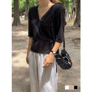 Linen Blend Elbow-sleeve Wrap Top