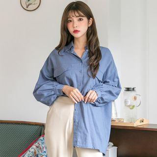 Flap-pocket Balloon-sleeve Oversized Shirt