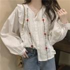 Ruched Flower Embroidered Long-sleeve Shirt White - One Size