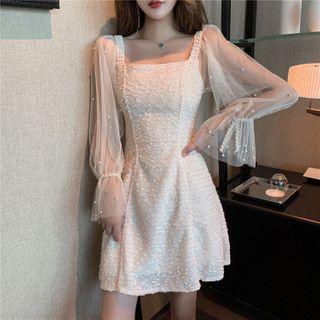 Mesh Sleeve Square-neck A-line Mini Dress