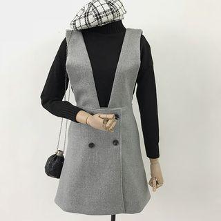 Set: Mock Neck Pullover + Double Breasted Off-shoulder A-line Dress