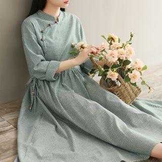 Mandarin Collar Striped Long-sleeve A-line Midi Dress