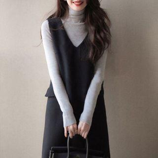 Set: Turtleneck Top + Mini A-line Overall Dress
