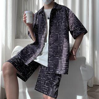 Set: Short-sleeve Pattern Print Shirt + High-waist Pattern Print Shorts