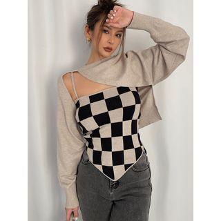 Set: Checkerboard Camisole Top + Asymmetrical Cape Top
