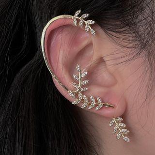 Leaf Rhinestone Alloy Cuff Earring 1 Piece - 2245a - Gold Leaf - Silver Pin - Gold & Silver - One Size