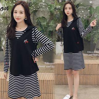 Set: Lettering Hooded Vest + Long-sleeve Striped T-shirt Dress