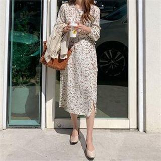 Floral Print Drawstring-waist Dress Ivory - One Size