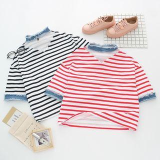 Striped Denim Panel Cropped Short-sleeve T-shirt