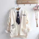 Long-sleeve Embroidered Cat Shirt / Cartoon Cat Cardigan / Set