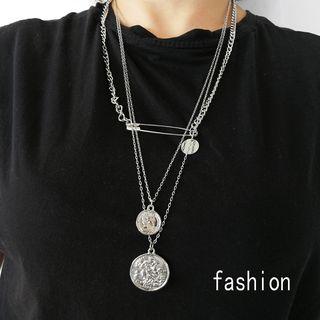 Alloy Coin Safety Pin Pendant Layered Necklace