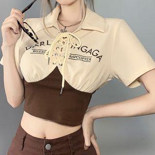 Short-sleeve Collar Lettering Crop Top