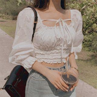 Puff-sleeve Shirred Chiffon Crop Top White - One Size