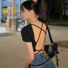 Short-sleeve Plain Open Back Drawstring T-shirt