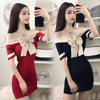 Bow Accent Off-shoulder Short-sleeve Dress