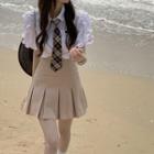 Plain Mini Skirt / Short-sleeve Tie-neck Crop Shirt