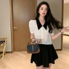 Short-sleeve Peter Pan Collar Color Block Chiffon Top