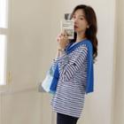 Long-sleeve Tag-patched Stripe T-shirt