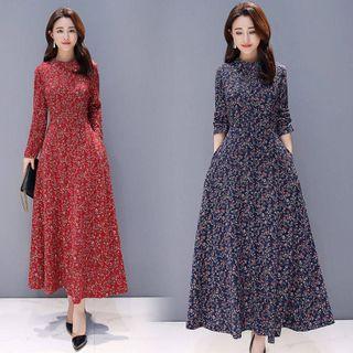 Floral Long-sleeeve Midi A-line Dress