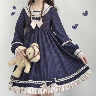 Ruffled Striped Long-sleeve A-line Dress / Ribbon Headband