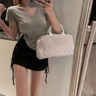 V-neck Plain Pocket Top / High-waist Plain Pleated Drawstring Mini Skirt