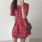 Flower Print Short-sleeve A-line Dress Red - One Size