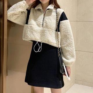 Set: Spaghetti Strap A-line Dress + Half-zip Faux Shearling Cropped Pullover