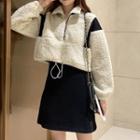 Set: Spaghetti Strap A-line Dress + Half-zip Faux Shearling Cropped Pullover