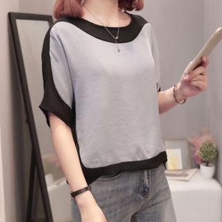 Two-tone Elbow-sleeve Chiffon Blouse