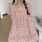 Elbow-sleeve Floral Print Mini A-line Dress Pink - One Size