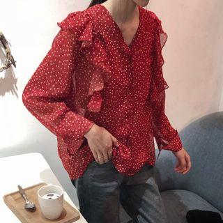 Long-sleeve Polka Dot Ruffled Chiffon Blouse Red - One Size