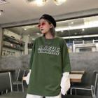 Mock Two-piece Long-sleeve Lettering T-shirt Army Green - One Size