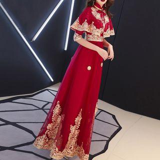 Set: Elbow-sleeve Embroidered A-line Evening Gown + Cape