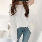 Plain V-neck Loose-fit Long-sleeve Top