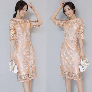 Elbow-sleeve Embroidered Party Dress