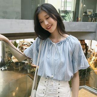 Off-shoulder Lace-up Elbow-sleeve Top