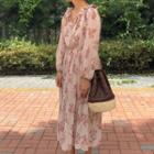 Set: Long-sleeve Floral Print Midi Dress + Slipdress Dress + Slipdress - Almond - One Size