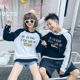 Couple Matching Hooded Lettering Raglan Pullover