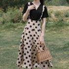 Set: Short-sleeve V-neck Blouse + Dotted Midi A-line Suspender Skirt