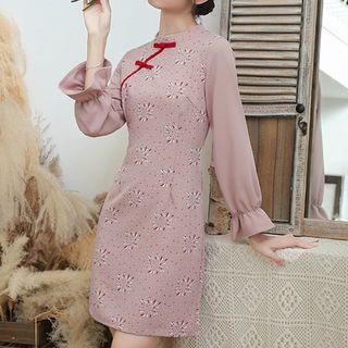 Printed Lantern-sleeve Sheath Dress