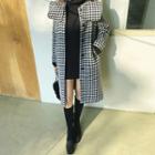Sailor-collar Houndstooth Long Coat Black - One Size