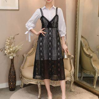 Set: 3/4-sleeve Long Shirt + Midi Lace Pinafore Dress