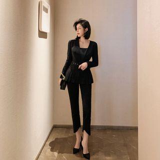 Set: Buckled Blazer + Straight-leg Dress Pants